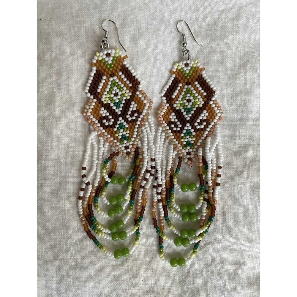 Seed Bead Chandelier Earrings Boho Geometric Long Fringe Dangle Statement Hippie